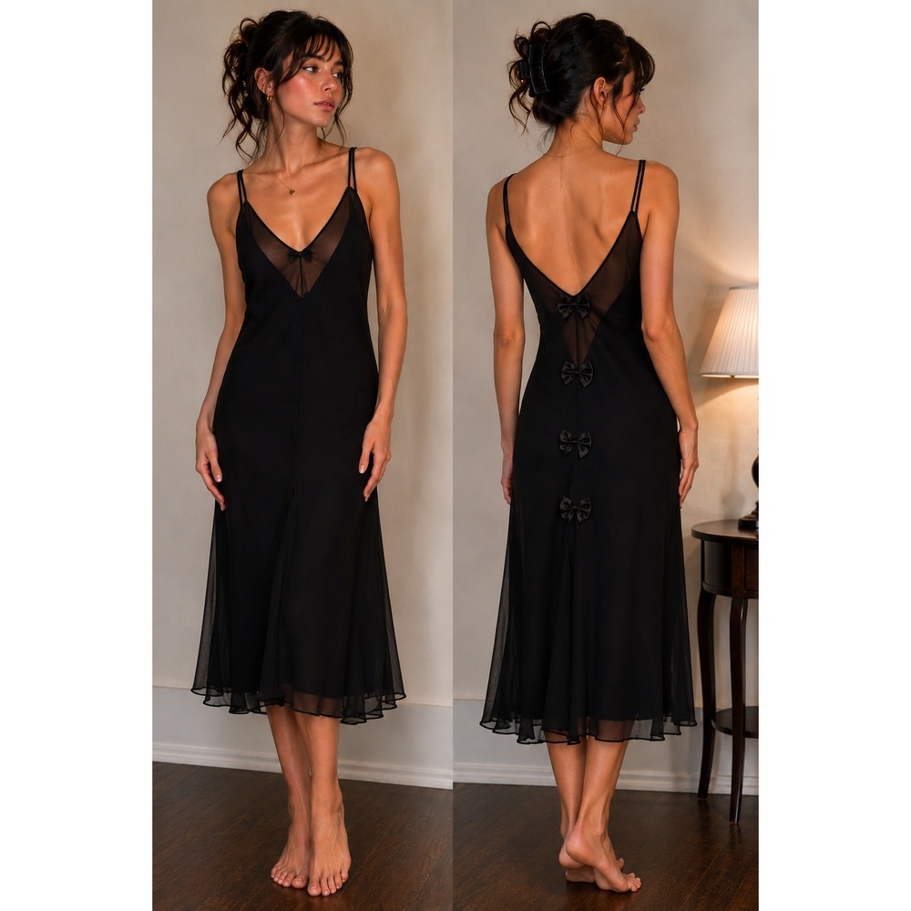 Vintage Y2K Black Slip Dress L Sheer Mesh Bow Coquette Fairy Grunge Goth 90s